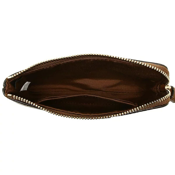 Coach Small Wristlet Corner Zip Wristlet In Signature Coated Canvas With Leather Stripe Khaki / Saddle Brown # 58035