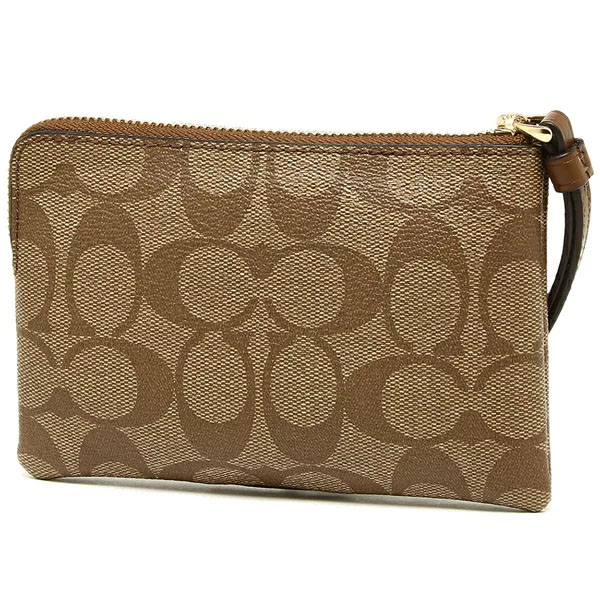 Coach Small Wristlet Corner Zip Wristlet In Signature Coated Canvas With Leather Stripe Khaki / Saddle Brown # 58035