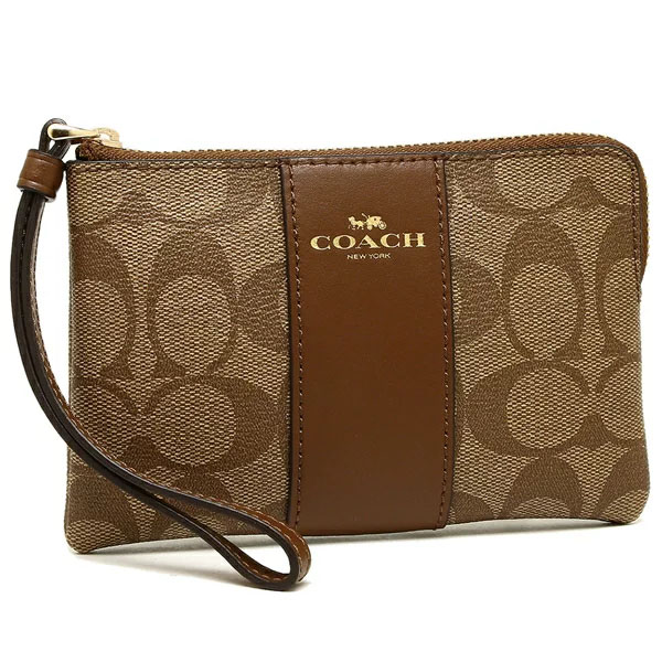 Coach Small Wristlet Corner Zip Wristlet In Signature Coated Canvas With Leather Stripe Khaki / Saddle Brown # 58035