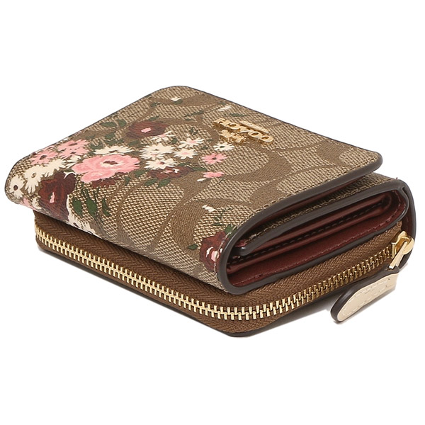 Coach Small Wallet Small Trifold Wallet In Signature Canvas Floral Khaki Brown # 6864