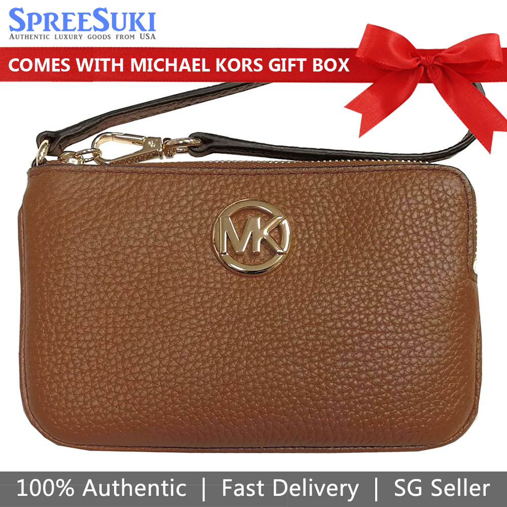 Michael Kors Small Wristlet Fulton Medium Top Zip Wristlet Leather Luggage Brown # 35F8GFTW6L