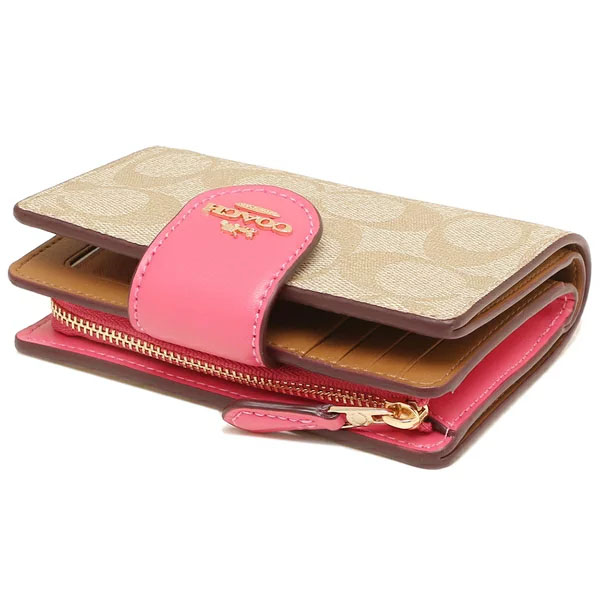 Coach Medium Wallet Medium Corner Zip Wallet In Signature Canvas Light Khaki Confetti Pink # C0082