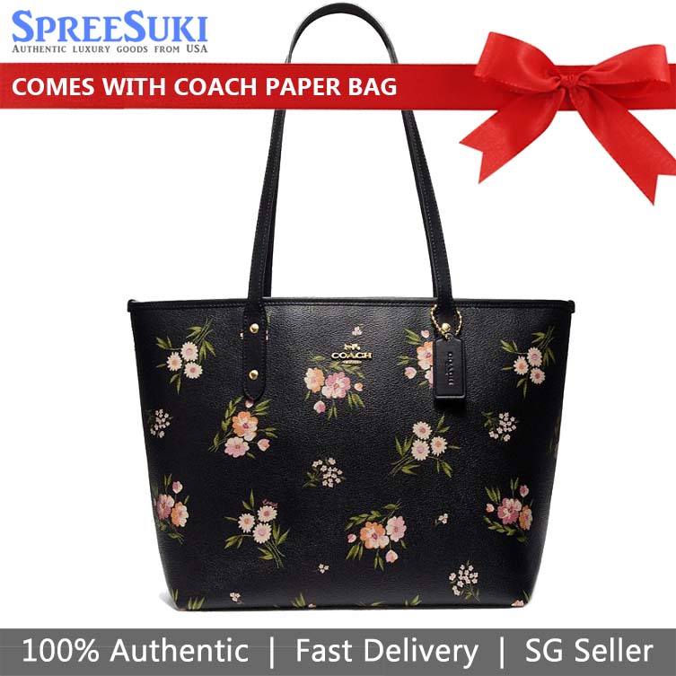 Coach Tote Shoulder Bag City Zip Tote With Tossed Daisy Print Black Pink # F73052