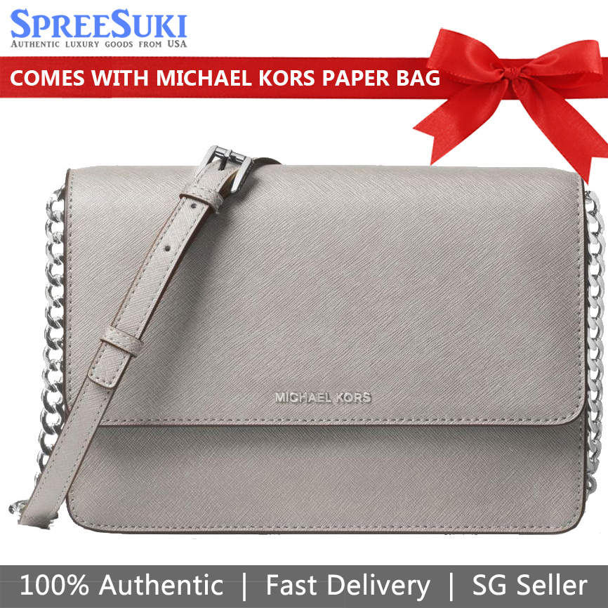 Michael Kors Crossbody Bag Large Gusset Leather Crossbody Pearl Grey # 38F8SF5C3L