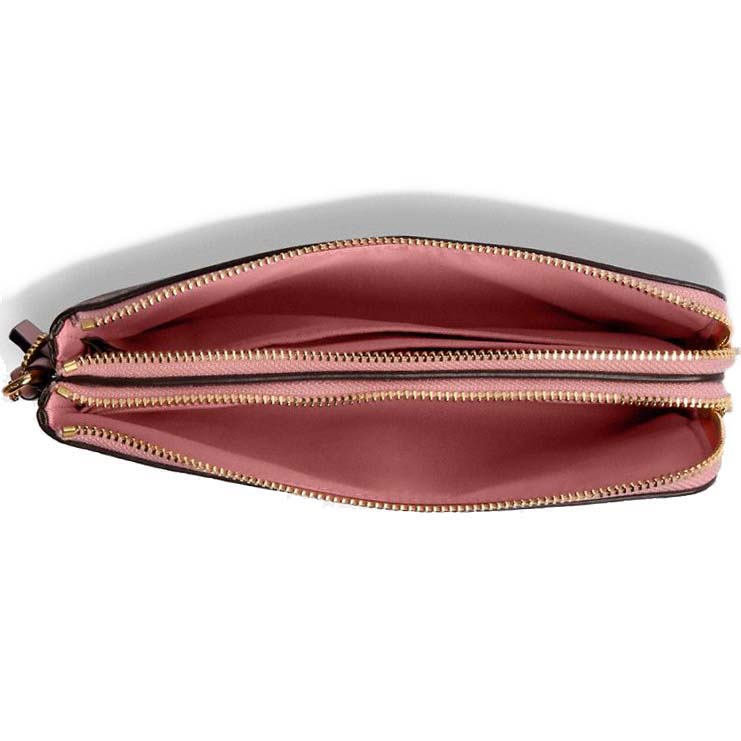 Coach Double Zip Wallet In Signature Canvas Light Khaki Bubblegum Pink # 16109
