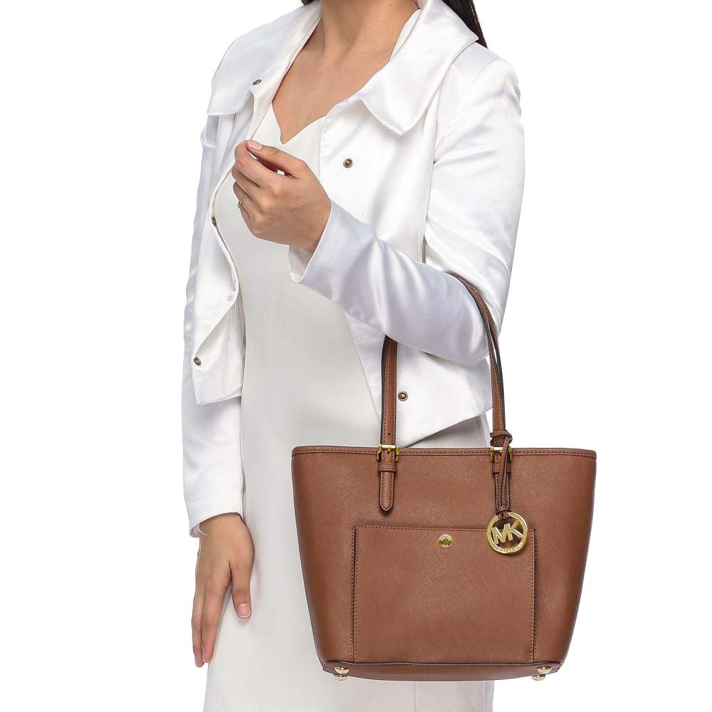 Michael Kors Shoulder Bag Jet Set Snap Pocket Leather Tote Luggage Brown # 38H8GTTT2L
