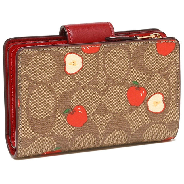 Coach Medium Wallet Medium Corner Zip Wallet In Signature Canvas With Apple Print Khaki Red # C4117