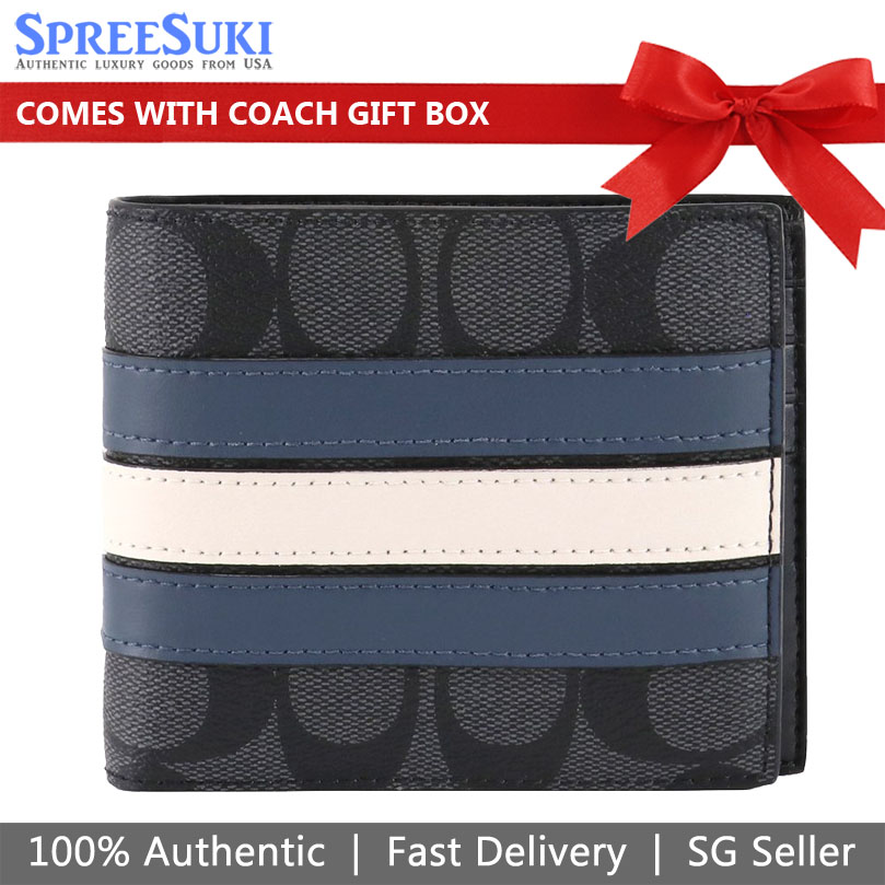Coach Men 3-In-1 Wallet In Signature Canvas With Varsity Stripe Charcoal Black Denim Blue Chalk Off White # 3008