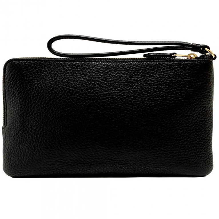 Coach Large Wristlet Pebbled Leather Double Zip Wallet Black # C5610
