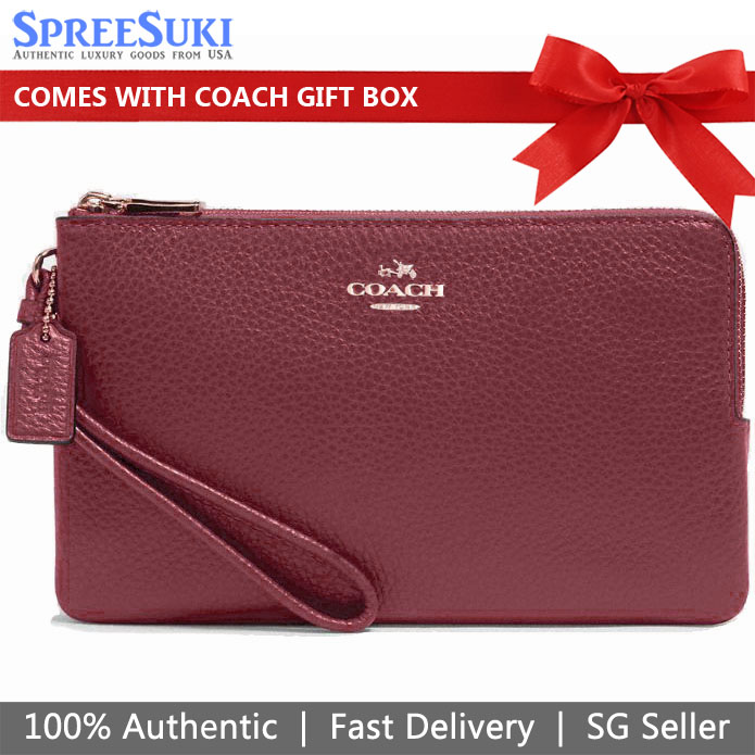 Coach Pebbled Leather Double Zip Wallet Vintage Mauve Dark Red # 6644
