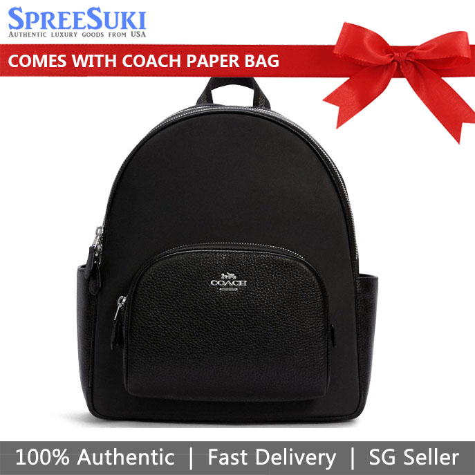 Coach Court Nylon And Refined Pebble Leather Backpack Black Silver # C4654