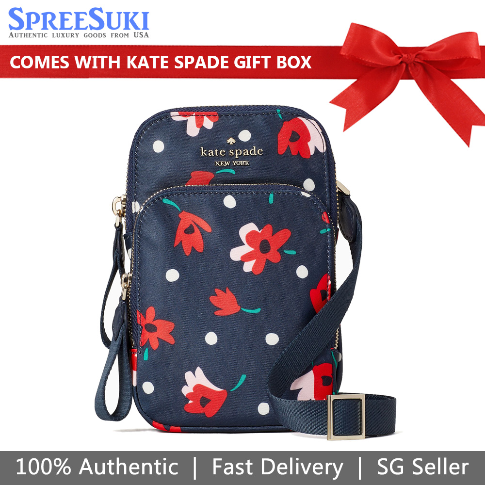 Kate Spade Crossbody Bag Chelsea Whimsy Floral North South Dual Zip Phone Crossbody Navy Blue # WIR00129