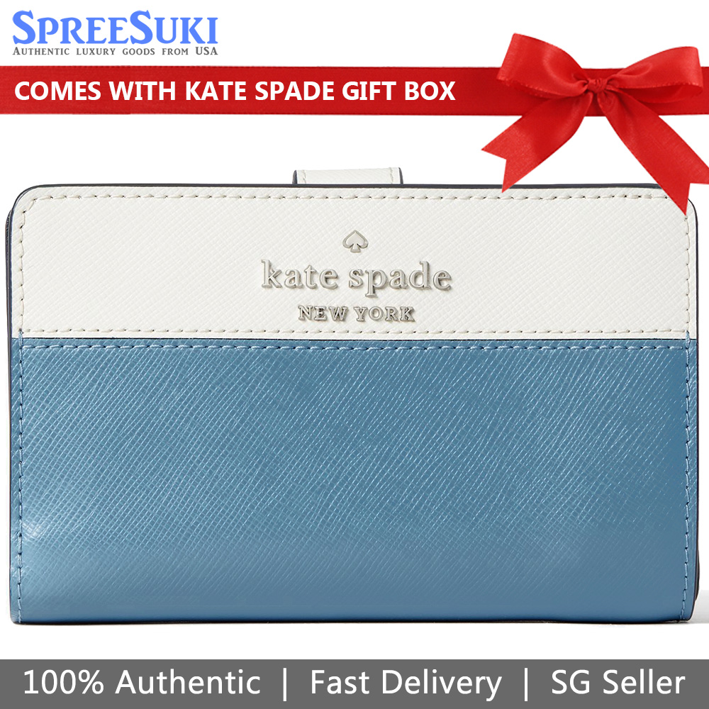 Kate Spade Medium Wallet Staci Colorblock Medium Compact Bifold Wallet Niagara Blue Off White # WLR00124