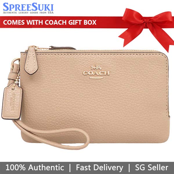 Coach Small Wristlet Double Corner Zip In Pebbled Leather Taupe Nude Beige # 6649