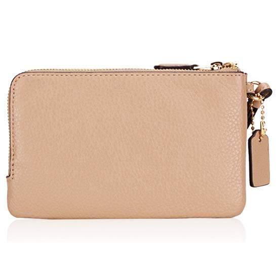 Coach Small Wristlet Double Corner Zip In Pebbled Leather Taupe Nude Beige # 6649