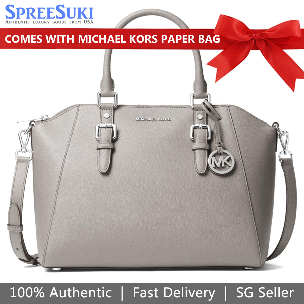 Michael Kors Crossbody Bag Ciara Large Top Zip Satchel Pearl Grey # 38F8SC6S3L