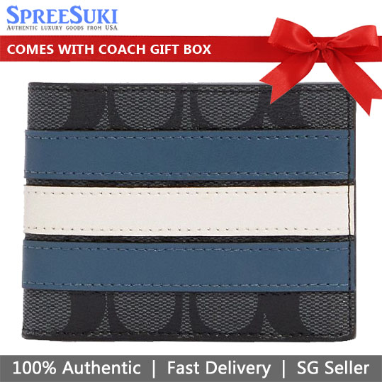 Coach Men Slim Billfold Wallet In Signature Canvas Wi Black / Midnight Navy Dark Blue / Chalk Off White # 3004
