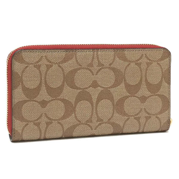 Coach Long Wallet Long Zip Around Wallet In Signature Canvas Khaki / Cherry Red # C4452