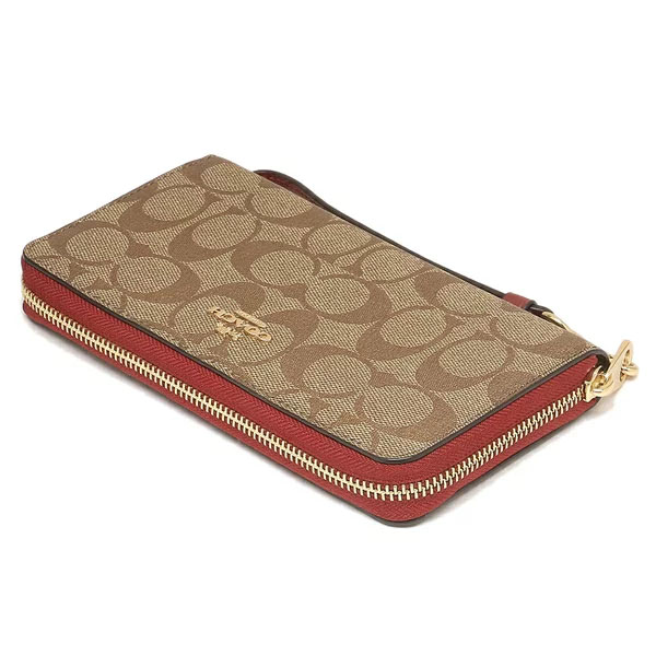Coach Long Wallet Long Zip Around Wallet In Signature Canvas Khaki / Cherry Red # C4452