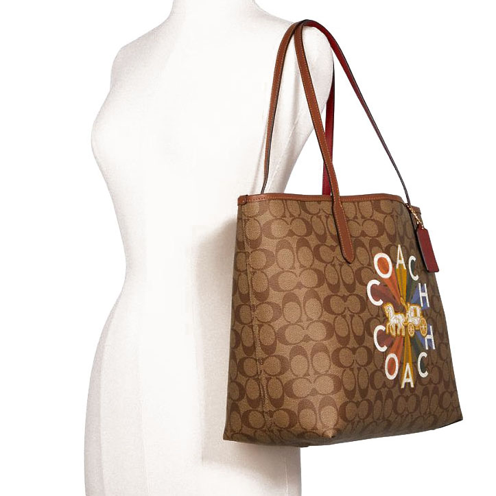 Coach Tote Shoulder Bag City Tote In Signature Canvas With Coach Radial Rainbow Khaki # C6813
