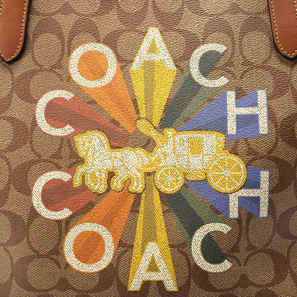 Coach Tote Shoulder Bag City Tote In Signature Canvas With Coach Radial Rainbow Khaki # C6813