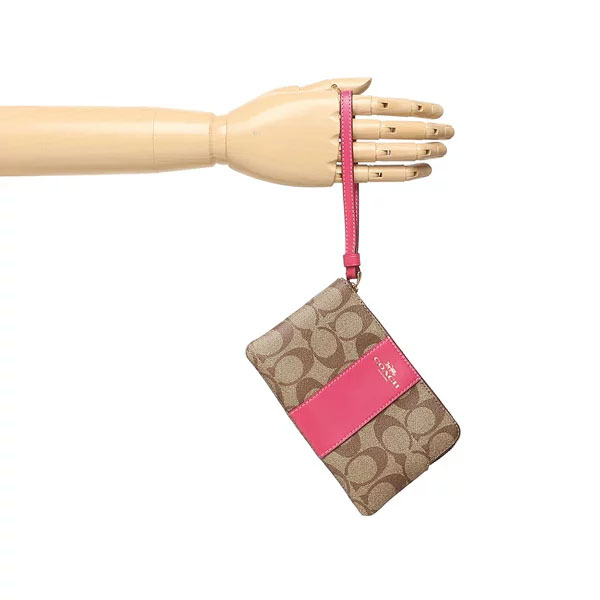 Coach Small Wristlet Corner Zip Wristlet In Signature Canvas Khaki / Bold Pink # 58035