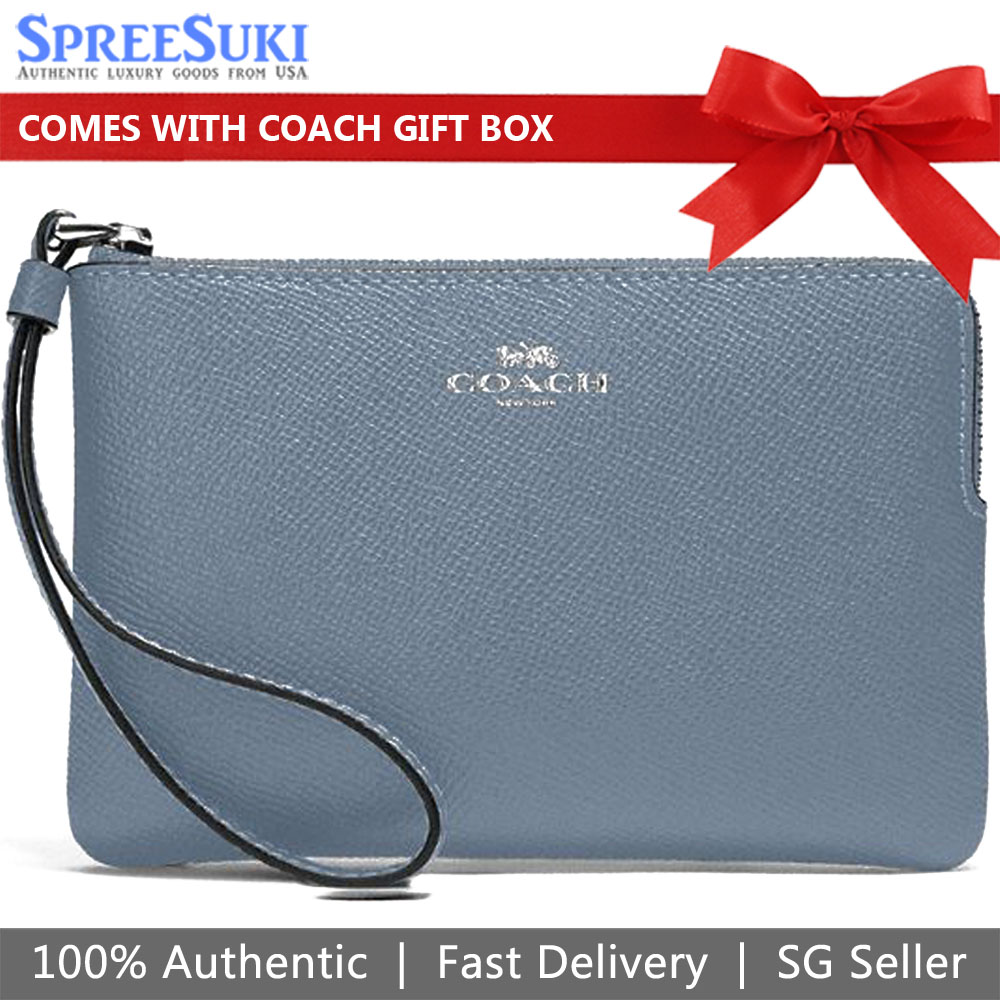 Coach Small Wristlet Crossgrain Leather Corner Zip Marble Blue # 58032