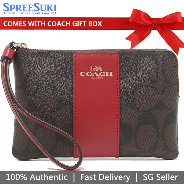 Coach Small Wristlet Small Corner Zip Wristlet In Signature Coated Canvas With Leather Stripe Brown / 1941 Red # 58035