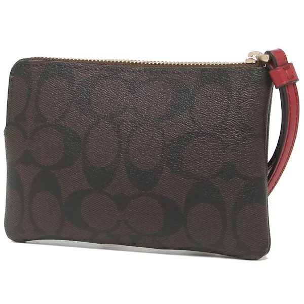 Coach Small Wristlet Small Corner Zip Wristlet In Signature Coated Canvas With Leather Stripe Brown / 1941 Red # 58035