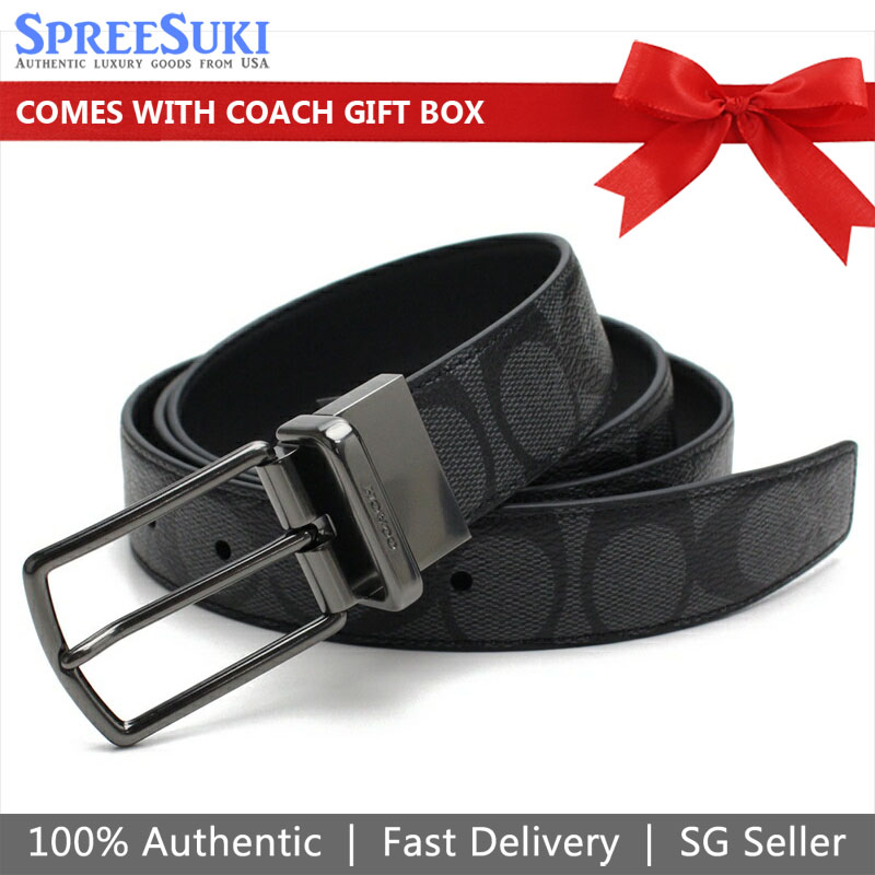Coach Men Modern Harness Cut-To-Size Reversible Signature Coated Canvas Belt Charcoal Black / Antique Nickel # F64825