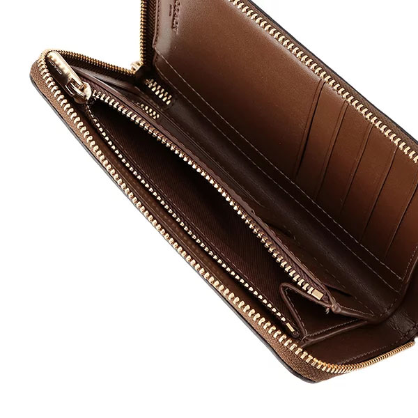Coach Medium Wallet Signature Medium Id Zip Around Wallet Khaki Saddle Brown # 88913