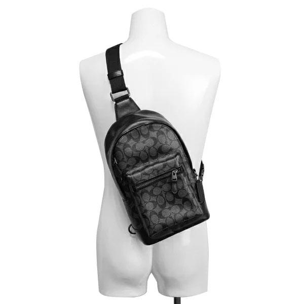 Coach Men Backpack Sling Pack Signature Canvas West Pack Charcoal Black # 2853