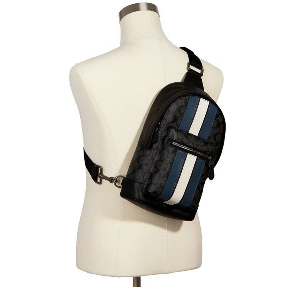 Coach Men Backpack Sling Pack Signature Varsity West Pack Charcoal Black Denim Blue Chalk Off White # 2999