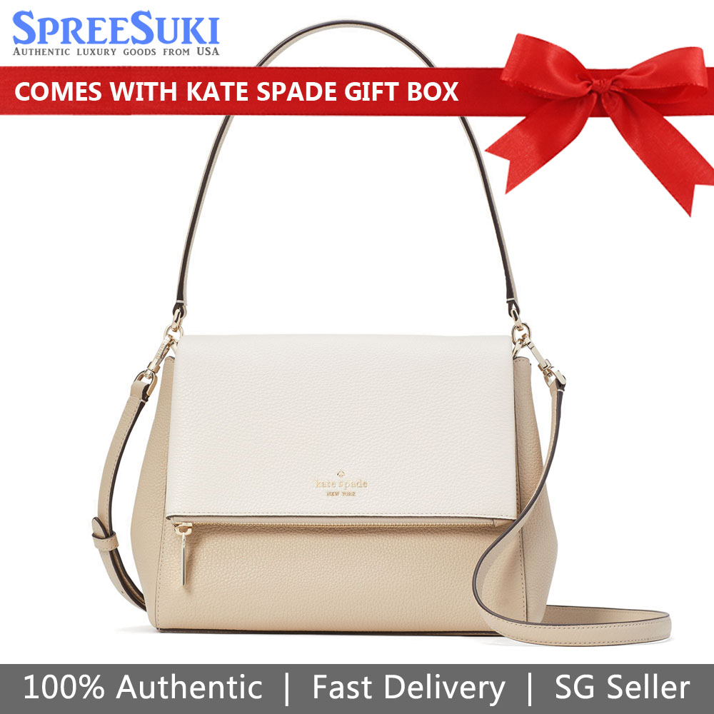 Kate Spade Crossbody Bag Leila Colorblock Pebbled Medium Flap Shoulder Bag Light Sand Brown Cream Off White # K6762