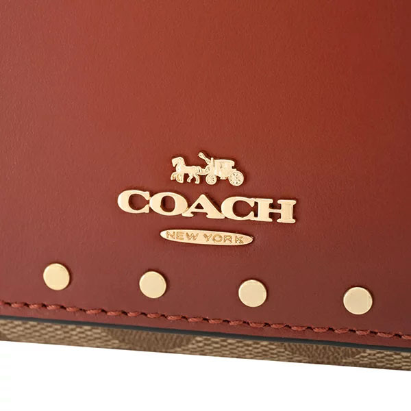 Coach Small Wallet Signature Colorblock Rivet Small Trifold Wallet Khaki Terracotta # C3323