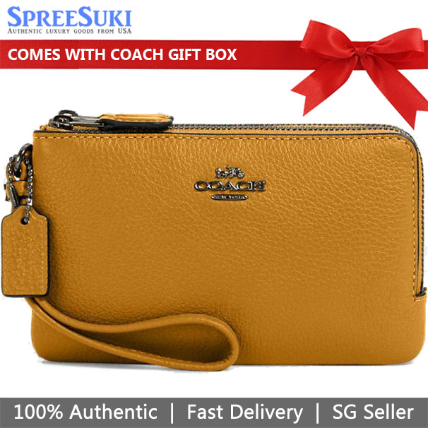 Coach Small Wristlet Leather Double Corner Zip Buttercup Mustard Yellow # 6649