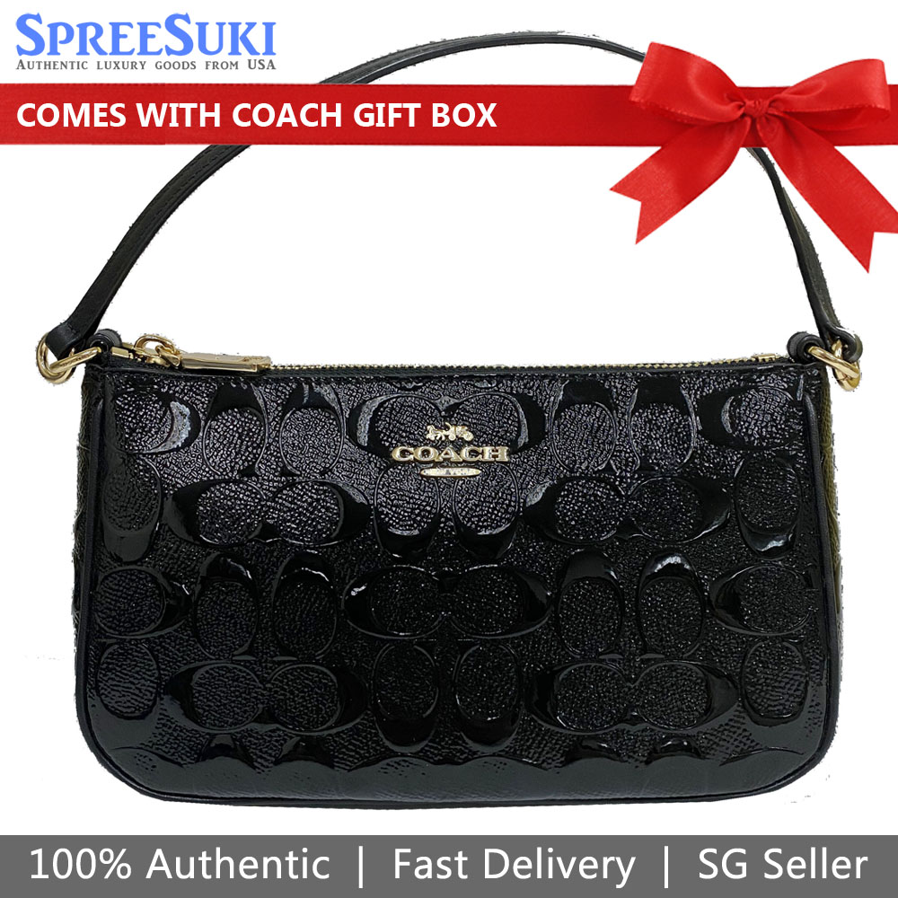 Coach Top Handle Pouch In Signature Debossed Patent Leather Black # F56518