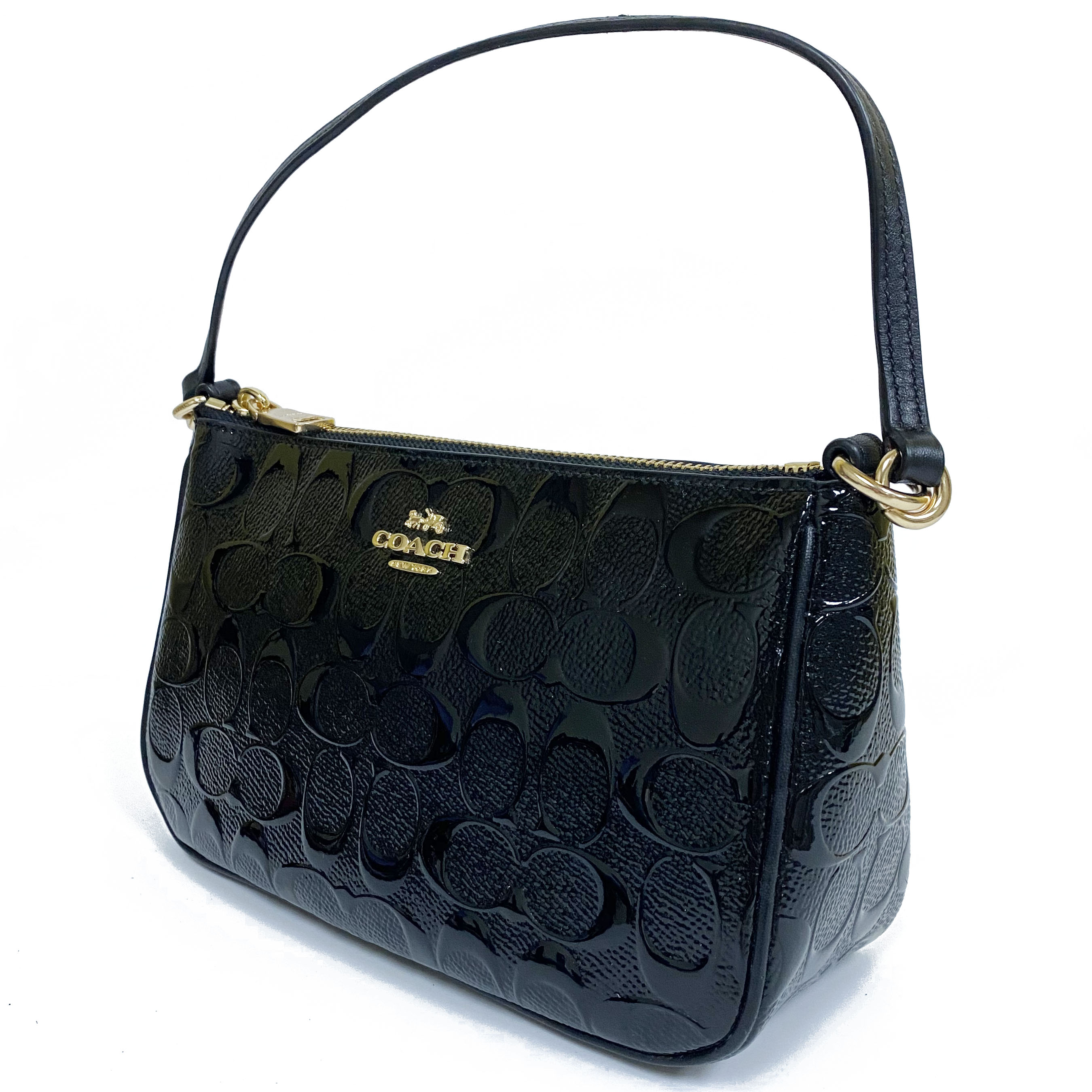 Coach Top Handle Pouch In Signature Debossed Patent Leather Black # F56518