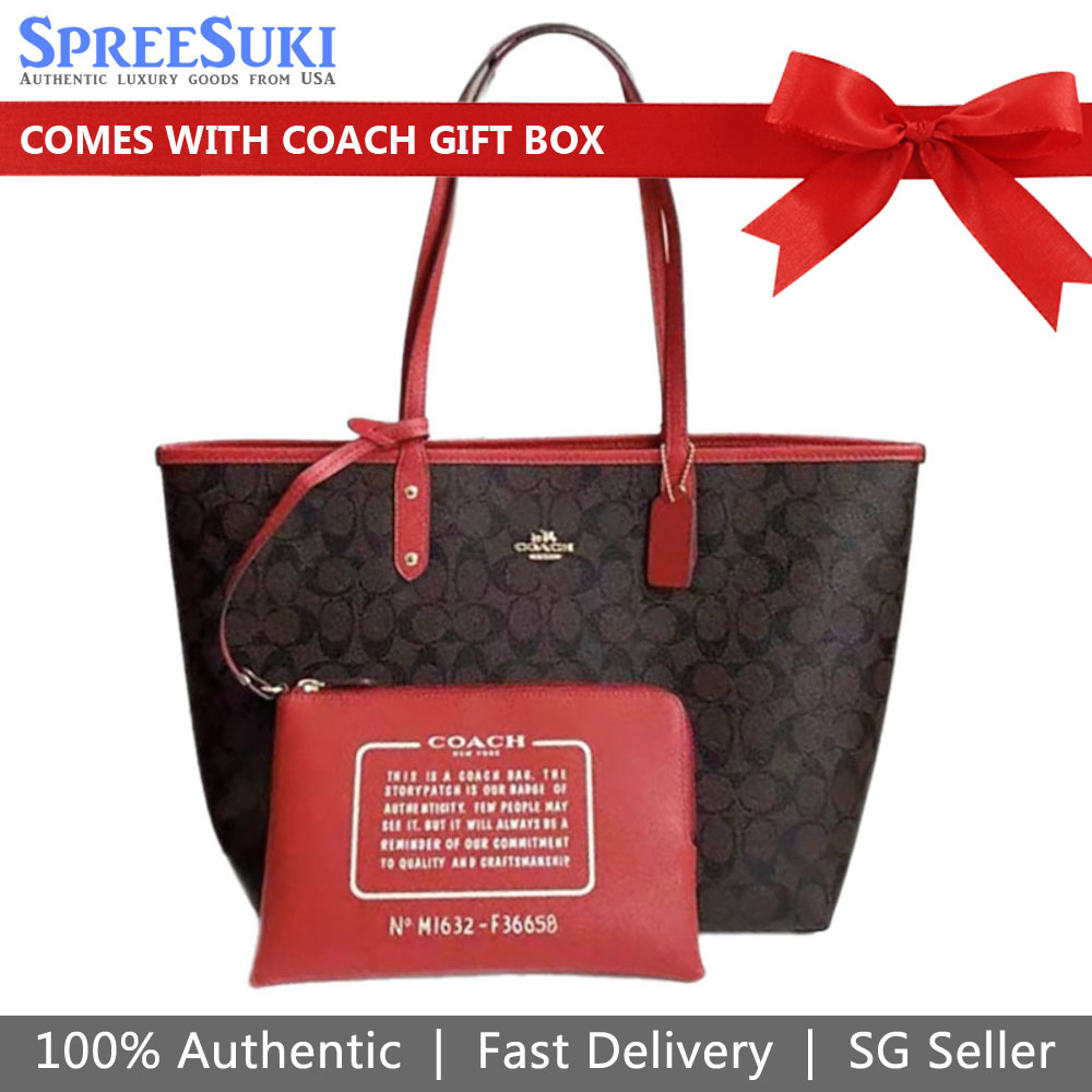 Coach Tote Shoulder Bag Signature Reversible City Tote Brown True Red # F36658