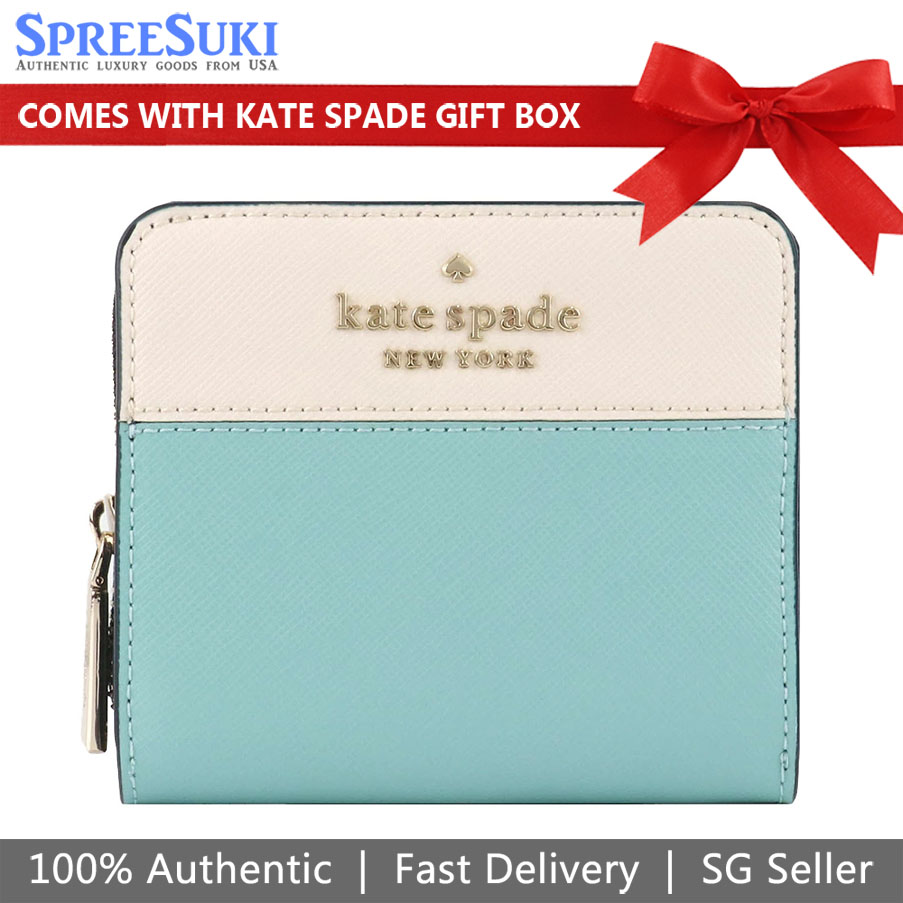 Kate Spade Small Wallet Staci Colorblock Safiiano Small Zip Around Wallet Poolside Light Blue Off White # WLR00636