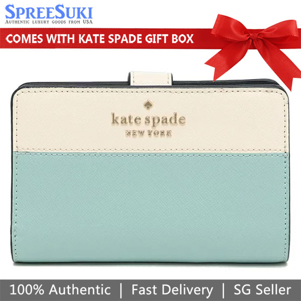 Kate Spade Medium Wallet Staci Colorblock Saffiano Medium Compact Bifold Poolside Light Blue Off White # WLR00124