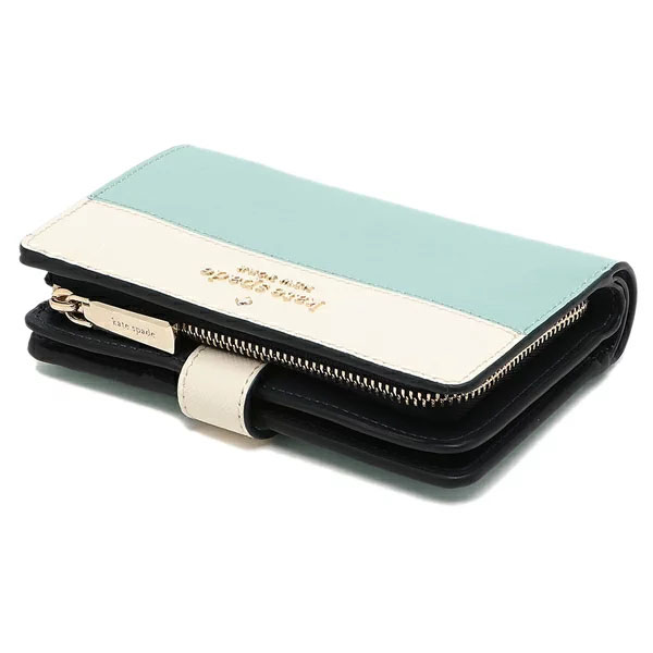 Kate Spade Medium Wallet Staci Colorblock Saffiano Medium Compact Bifold Poolside Light Blue Off White # WLR00124
