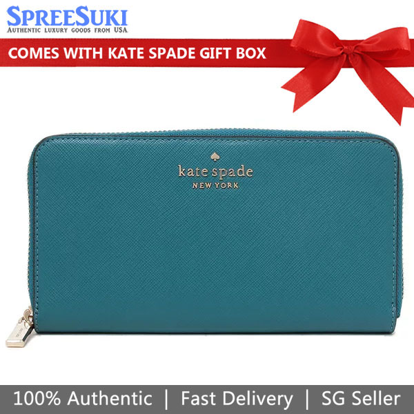 Kate Spade Long Wallet Staci Saffiano Leather Large Continental Dark Peacock Blue # WLR00130