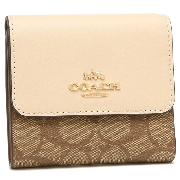 Coach Small Wallet Small Trifold Wallet In Blocked Signature Canvas Khaki Ivory # CE930
