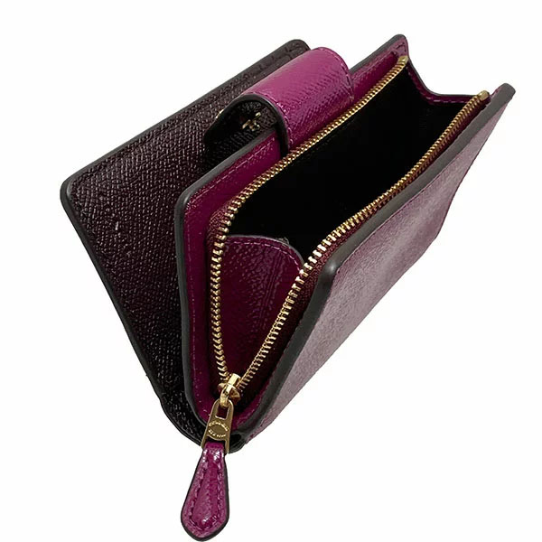 Coach Medium Corner Zip Wallet In Patent Crossgrain Leather Dark Magenta Purple # CF233
