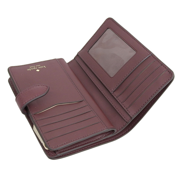 Kate Spade Medium Wallet Leila Pebbled Leather Medium Compact Bifold Wallet Cherrywood Dark Purple Red # WLR00394
