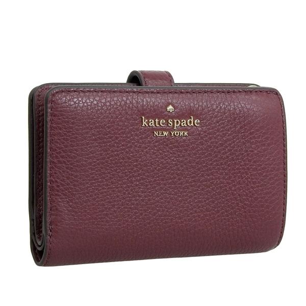 Kate Spade Medium Wallet Leila Pebbled Leather Medium Compact Bifold Wallet Cherrywood Dark Purple Red # WLR00394