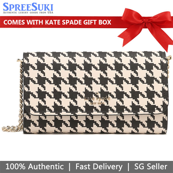 Kate Spade Crossbody Bag Woc Wallet On Chain Darcy In Houndstooth Print Chain Wallet Crossbody Black # K9155