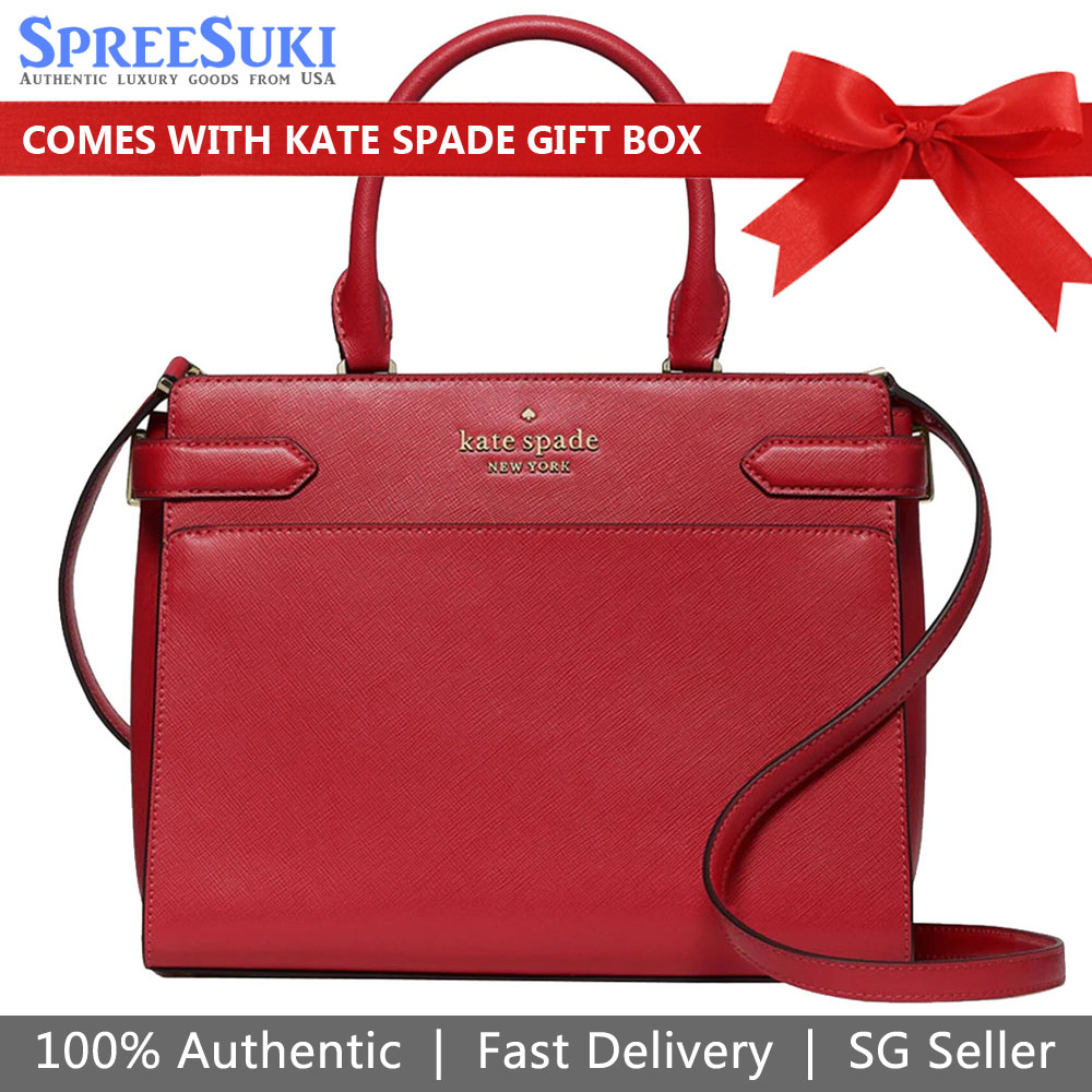 Kate Spade Staci Saffiano Leather Medium Satchel Crossbody Bag Red Currant # WKRU6951