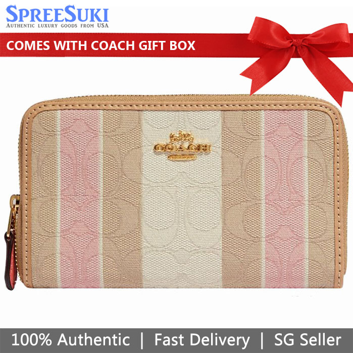 Coach Medium Wallet Signature Street Jacquard Medium Zip Around Wallet Taffy Pink Beige Off White # C8419